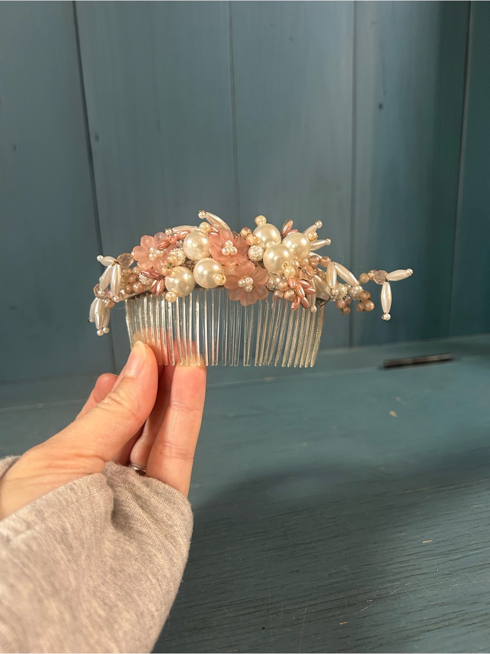 Pearl and Pink Floral Bridal Hair Comb - Vintage 1980’s